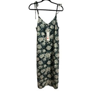17 Women's Green Floral Satin Slip Dress | Adjustable Tie Straps Midi Dress